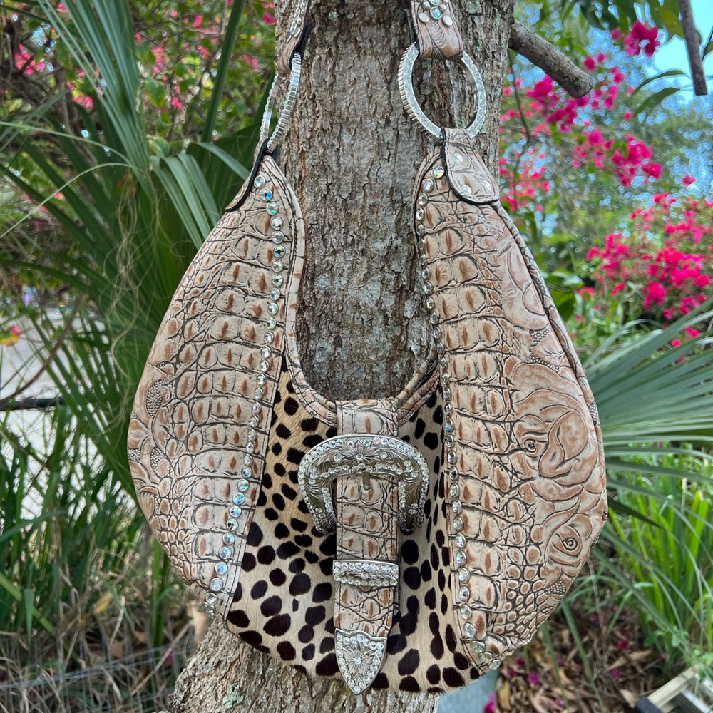 Raviani Multi Croco Embossed Handbag w  Cow hide & Rhinestone Buckle